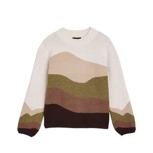 Fortune + Ivy Dimity Balloon Sleeve Earth-Tone Wave Pattern Sweater